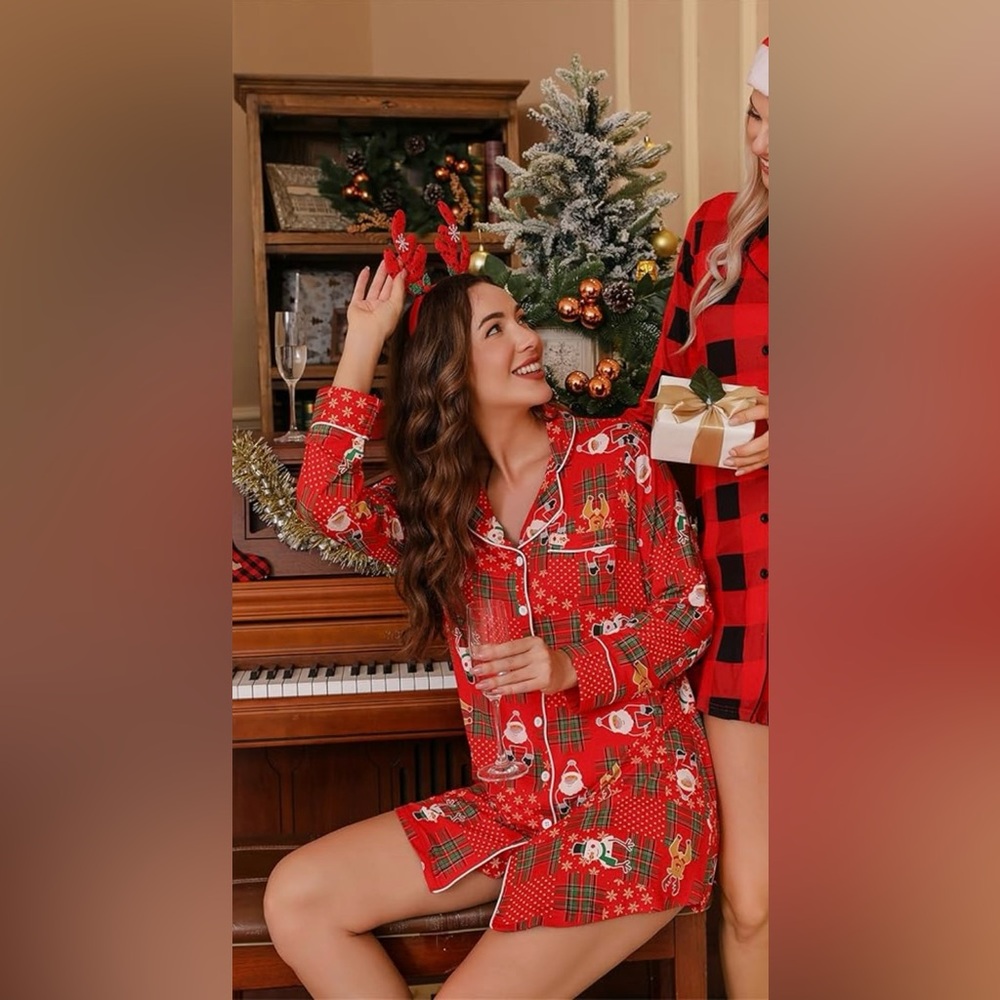 Christmas Pajamas One Piece Button Down Boyfriend Shirt Style Sizes M L XL - Picture 4 of 5